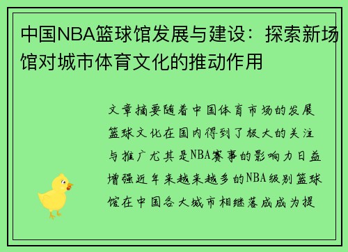 中国NBA篮球馆发展与建设：探索新场馆对城市体育文化的推动作用