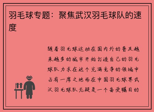 羽毛球专题:聚焦武汉羽毛球队的速度