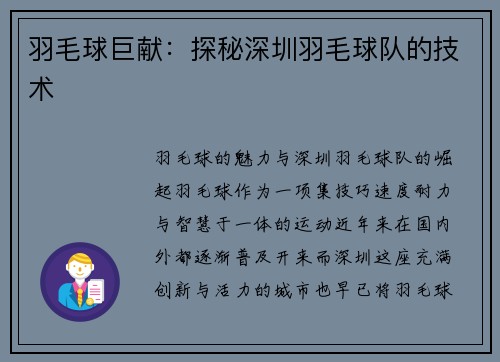 羽毛球巨献：探秘深圳羽毛球队的技术