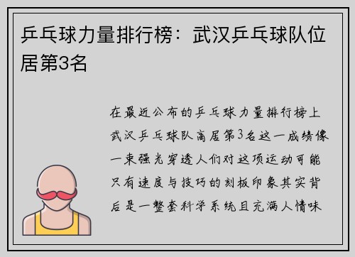 乒乓球力量排行榜：武汉乒乓球队位居第3名
