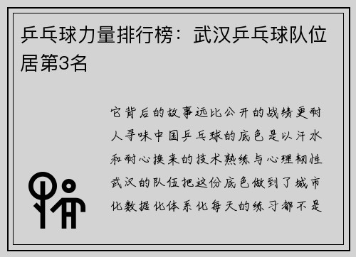乒乓球力量排行榜：武汉乒乓球队位居第3名